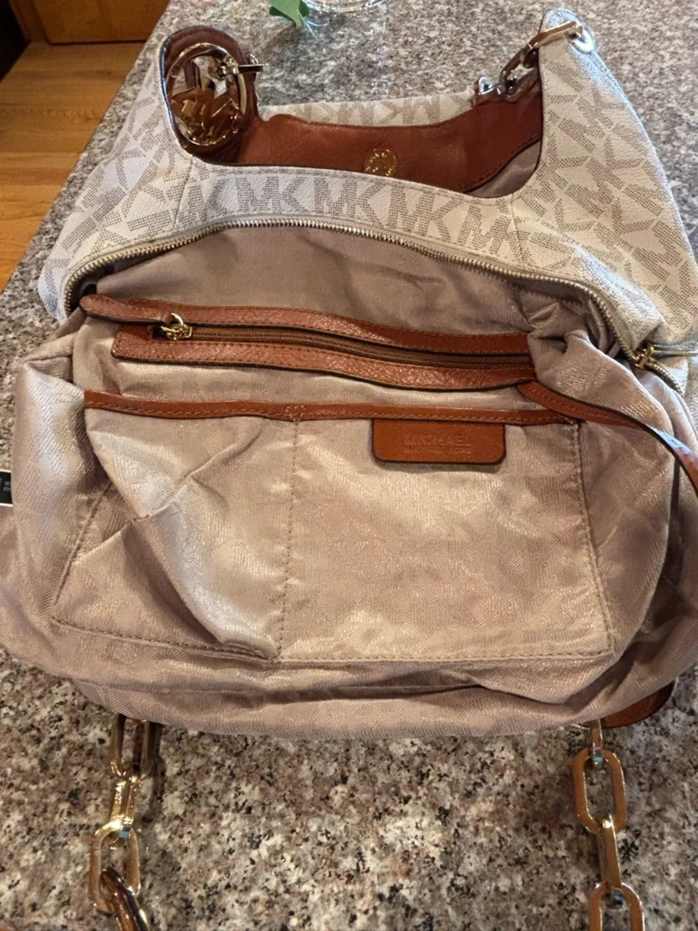 Michael Kors Fulton Large Chain Shoulder Tote in a vanilla MK pattern with Brown - Picture 17 of 17